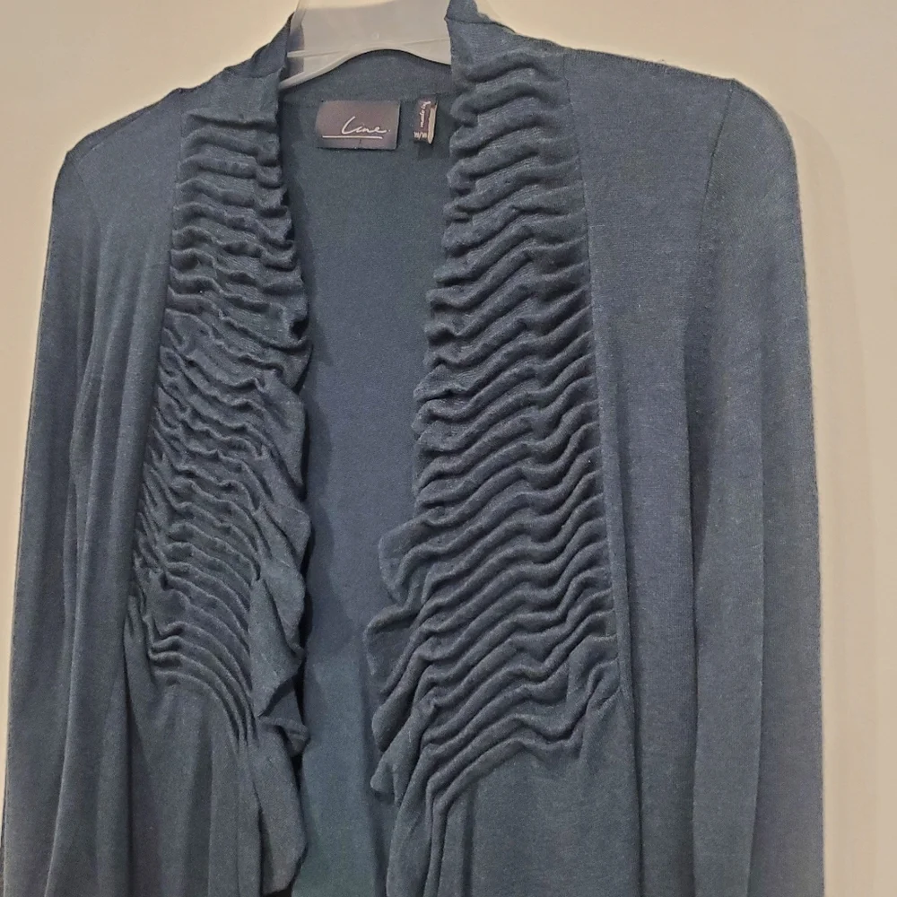 Blended Cashmere Open Cardigan Muted Deep Teal Pleats & Ruffles Hi Lo Cozy  Boho - Picture 2 of 6